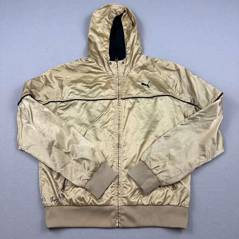 Puma Jacket Men Medium Gold Satin Usain Bolt Signature Windbreaker Hood Zip M *